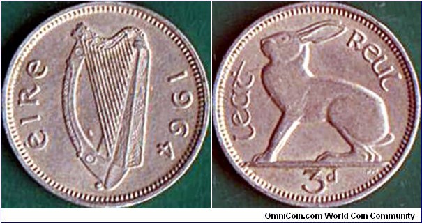 Ireland 1964 3 Pence.

Die crack on the reverse at bottom left.