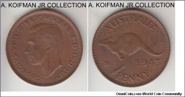 KM-36, 1943 Australia penny, Perth mint (dot after PENNY); bronze, plain edge; George VI, good extra fine, some obverse staining/toning.