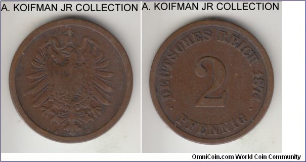 KM-2, 1874 Germany 2 pfennig, Berlin mint (A mint mark); copper, plain edge; Wilhelm I, common year/mint, brown good fine or so.