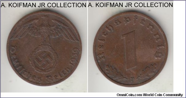 KM-89, 1939 Germany (Third Reich) reichspfennig, Stuttgart mint (F mint mark); bronze, plain edge; Third Reich issue, common, dark brown good extra fine.
