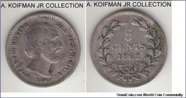 KM-91, 1862 Netherlands 5 cents; silver, reeded edge; Willem III, dot after date variety, good fine to very fine details, some uneven toning and reverse stain, cleaned.