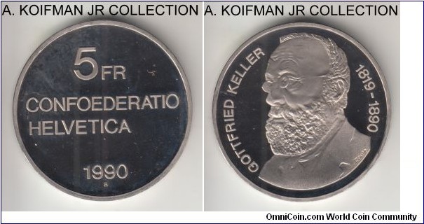 KM-69, 1990 Switzerland 5 francs; proof, copper-nickel, plain edge, lettered edge; Gottfried Keller commemorative, mintage 69,412, decent cameo proof.