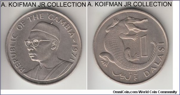 KM-13, 1971 Gambia dalasi; copper-nickel, reeded edge; slender snouted crocodile, choice uncirculated business strike, lightly toned.