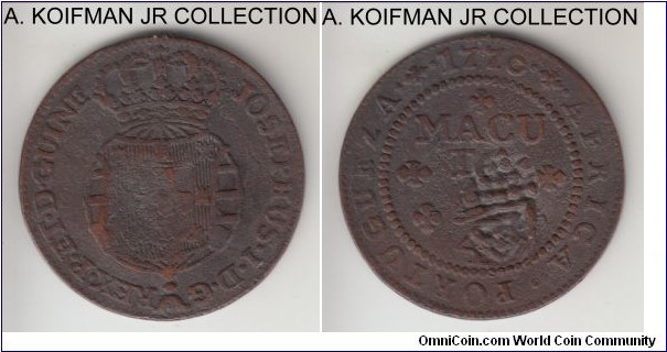 KM-49.1, Portuguese Africa (Angola) Angola 1/2 macuta, copper, plain edge; Maria I 1837 reform counterstamp over KM-10 Josephus 1770 Portuguese Africa 1/4 macuta doubling denomination, host very good with nice details, counterstamp very fine or so.