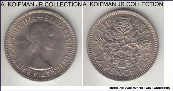 KM-889, 1953 Great Britain 6 pence; copper nickel, reeded edge; Elizabeth II, coronation and 1-year type, lightly toned uncirculated.