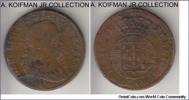 KM-370, 1824 Portugal 40 reis (pataco); bronze, plain edge; Joao VI, large and heavy copper crown, well circulated and worn as common for the type.