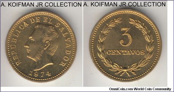 KM-148, 1974 El Salvador 3 centavos, Royal Mint (London, no mint mark); nickel-brass, plain edge; 1-year type, bright uncirculated.