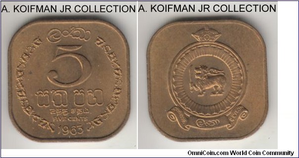 KM-129, 1963 Ceylon 5 cents; nickel-brass, square flan, reeded edge; Elizabeth II, new coinage without Queen's effigy, uncirculated.