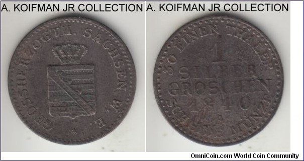 KM-199, 1840 German States Saxe-Weimar-Eisenach silber groschen, Berlin mint (A mintmark); silver, plain edge; Kerl Friedrich, 1-year type, with typical dark toning of the low silver content (222), extra fine obverse and very fine or so reverse details.