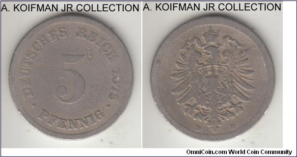 KM-3, 1875 Germany (Empire) 5 pfennig, Munich mint (D mint mark); copper-nickel, plain edge; Wilhelm I, early post-unification and common issue, well circulated and worn, good to very good.