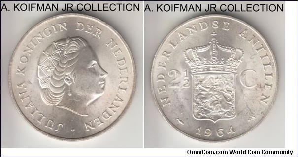 KM-7, 1964 Netherlands Antilles 2 1/2 gulden; silver, lettered edge; Juliana, bright white choice uncirculated.