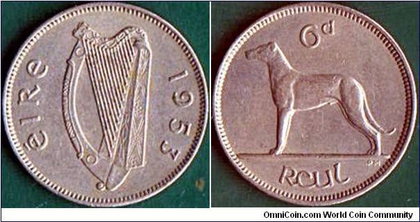 Ireland 1953 6 Pence.