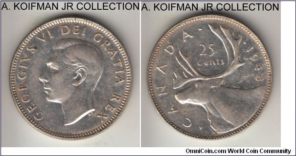 KM-44, 1948 Canada 25 cents; silver, reeded edge; George VI, first and scarcer year of the modified type, despite the visual appearance due to toning reflection on the scanner, a decent extra fine coin.