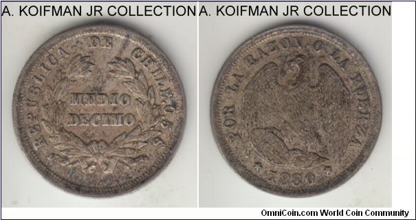 KM-137.3, 1880 Chile 1/2 decimo; silver, reeded edge; reduced silver type with finess added, toned but well detailed, extra fine or so.