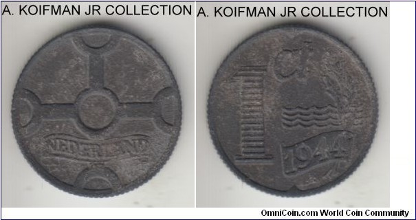 KM-170, 1944 Netherlands cent; zinc, reeded edge; German occupation issue, uncirculated details, but zinc corrosion as common.