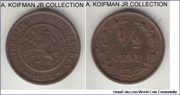KM-109.1, 1885 Netherlands half cent; bronze, reeded edge; Willem III, small coin, good very fine.