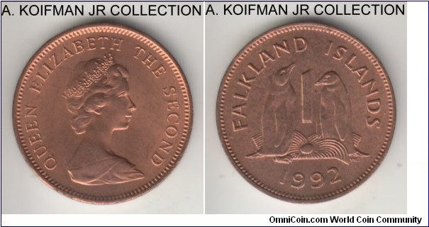 KM-2, 1992 Falkland Islands penny; bronze, plain edge; Elizabeth II, second portrait, red uncirculated.
