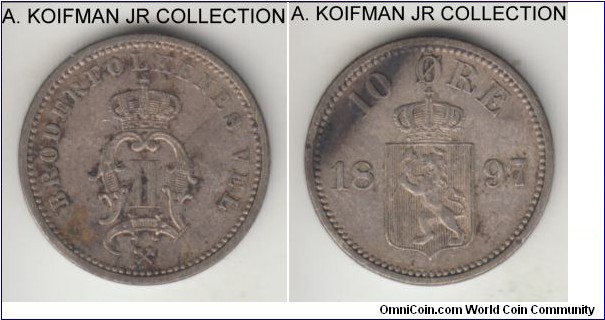 KM-755, 1897 Sweden 10 ore; silver, plain edge; Oscar II, smaller mintage year, good extra fine, reverse toning area.