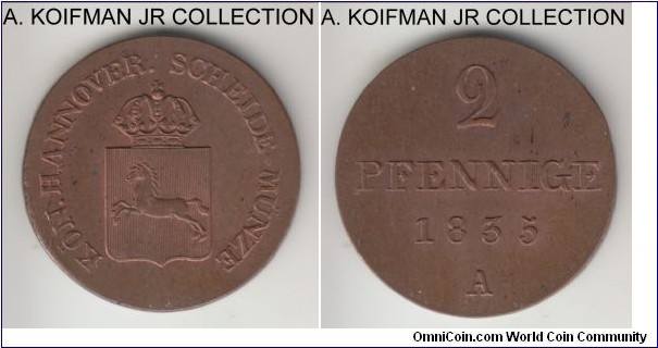 KM-167.1, 1835 German States Hannover 2 pfennig, Clausthal (Hannover) mint (A mint mark); copper, plain edge; King Wilhelm IV, red brown uncirculated.