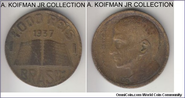 KM-541, 1937 Brazil 1000 reis; aluminum-bronze, reeded edge; 3-year circulation commemorative of Jose de Anchieta, average circulated good fine or better.