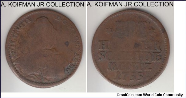 KM-456, 1755 German States Hesse-Kassel 3 heller; copper, plain edge; Landgraf Wilhelm VIII, 1 year and scarce type, good to about very good.
