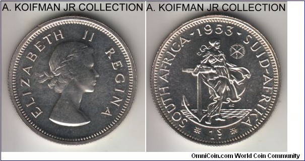 KM-49, 1953 South Africa shilling; proof, silver, reeded edge; Elizabeth II, mintage 5,000 in proof sets, bright proof with highly reflective (hence dark) surfaces.