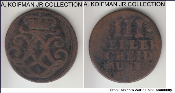 KM-466, 1760 German States Hesse-Kassel 3 heller; copper, plain edge; Landgraf Friedrich II, 2 year type and relatively scarce, good, but date is not visible, possibly due to smaller flan used.