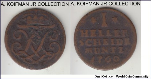 KM-465, 1760 German States Hesse-Kassel heller; copper, plain edge; Landgraf Friedrich II, 1 year type and scarce, very good, some obverse porosity.