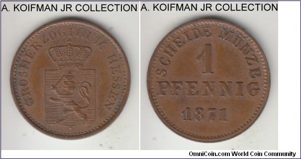 KM-337, 1871 Hesse-Darmstadt pfennig; copper, plain with indentations edge; Grand Duke Ludwig III, late pre-unification and relatively common, lighter brown good extra fine.