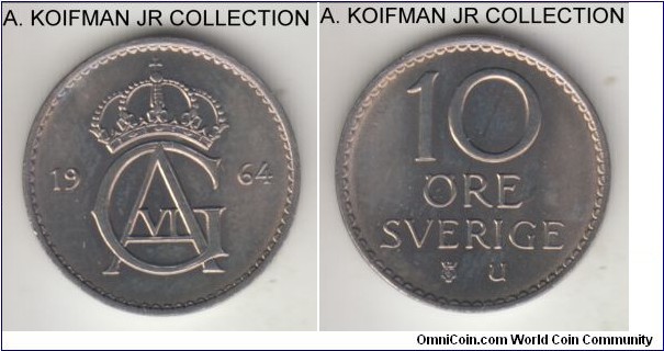 KM-835, 1964 Sweden 10 ore; copper-nickel, plain edge; common, bright uncirculated.