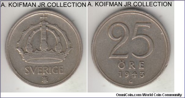 KM-816, 1943 Sweden 25 ore; silver, plain edge; Gustaf V, first year of the type, average circulated.