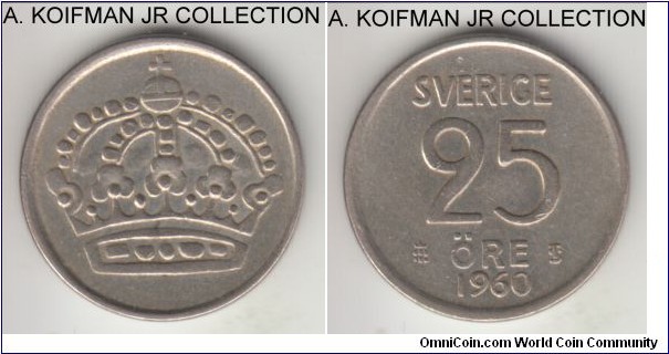 KM-24, 1960 Sweden 25 ore; silver, plain edge; Gustaf VI, common, better grade good extra fine.