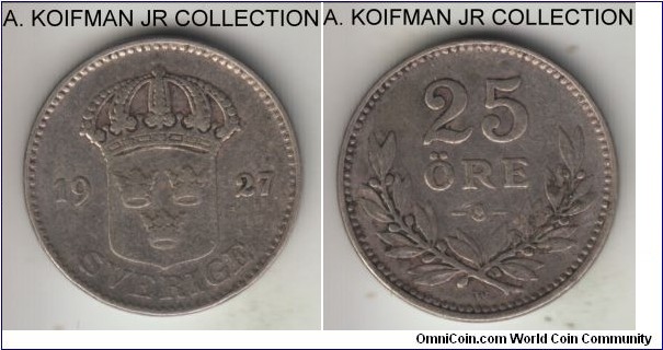KM-785, 1927 Sweden 25 ore; silver, plain edge; Gustaf V, well circulated and worn.