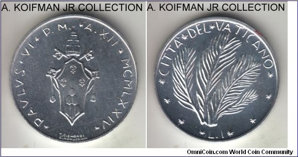 KM-116, 1974 Vatican lira; aluminum, plain edge; Paul VI, year XII, mintage 132,000, bright uncirculated.