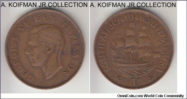 KM-25, 1946 South Africa (Dominion) penny; bronze, plain edge; George VI later year, good very fine details, few edge bumps.