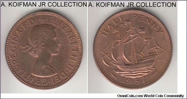 KM-896, 1957 Great Britain half penny; bronze, plain edge; Elizabeth II, red brown uncirculated.