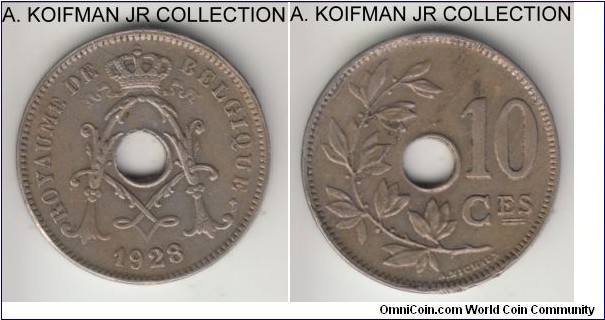 KM-85.1, 1928 Belgium 10 centimes; copper-nickel, plain edge; French legend, extra fine or so.