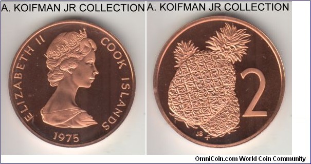 KM-2, 1975 Cook Islands 2 cents, Franklin Mint (US, mint mark in monogram); proof, bronze, plain edge; Elizabeth II, pineapples, brilliant deep cameo proof from set, mintage 21,000.