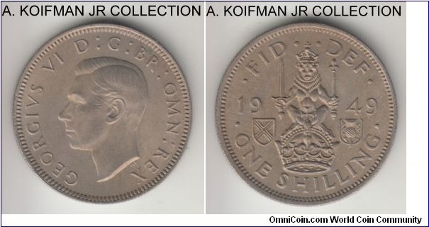 KM-877, 1949 Great Britain shilling; copper-nickel, reeded edge; George VI, Scottish crest, last type, toned choice uncirculated, scarce in high and premium grades.