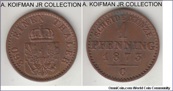 KM-480, 1873 German States Prussia pfennig, Frankfurt mint (C mint mark); copper, plain edge; King Wilhelm I, very last pre-unification issue and year, brown uncirculated.