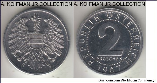 KM-2876, 1967 Austria 2 groschen; proof, aluminum, plain edge; key year of the series - minted in proof sets only, mintage 13,000, lightly toned uncirculated proof