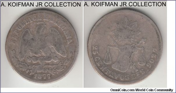 KM-406.9, 1877 Mexico 25 centavos, Zacatecas mint (Zs mint mark); silver, reeded edge; Second Republic period, common mint/year, well circulated.