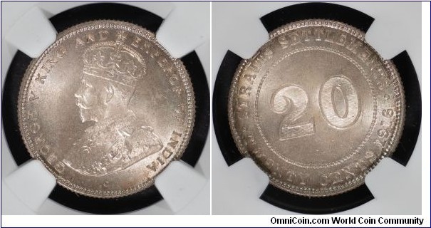 SS Kg George V, 
Year : 1916, 
Denomination : 20 Cents.
Composition : Silver 600 fine. Mintage 545,230