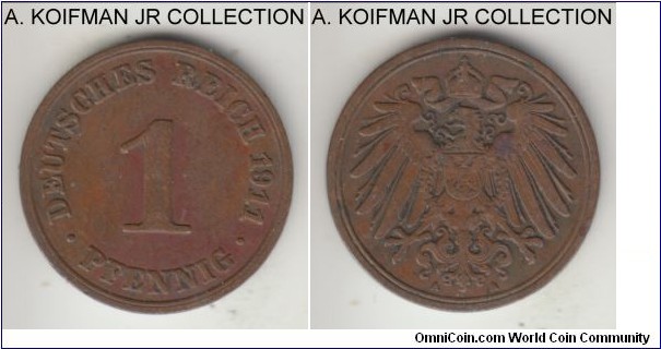 KM-10, 1911 German (Empire) pfennig, Berlin (A mint mark); copper, plain edge; Wilhelm I, brown extra fine.