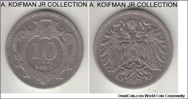 KM-2802, 1895 Austria 10 heller; nickel, reeded edge; Franz Joseph I, very fine or so - reverse crown is worn, but imperial shield on obverse retains most details, likely cleaned.