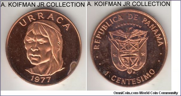 KM-33.1, 1977 Panama centesimo, Franklin Mint (USA, FM mint mark in monogram); proof, copper-plated zinc, plain edge; proof variety of the set only issue, mintage 9.548, toned and carbon spots - small on obverse and bigger on reverse with some opverall toning, rest of the surfaces are bright deep cameo.