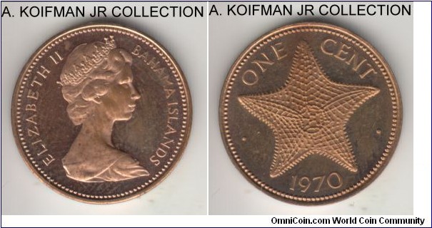 KM-15, 1970 Bahamas cent, Franklin Mint (no mint mark); proof, special brass (nickel-brass according to Numista), plain edge; Elizabeth II, proof variety, mintage 22,827, uncirculated, but toned obverse and spots.