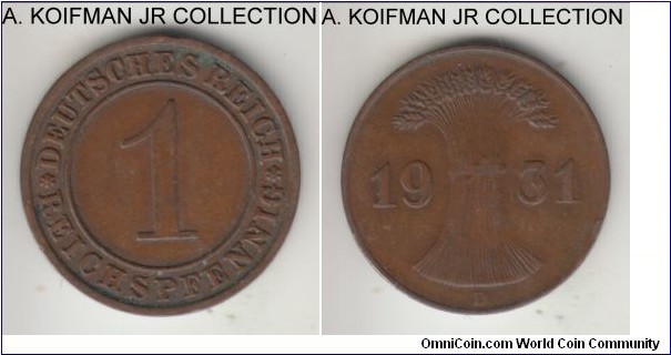 KM-37, 1931 Germany (Weimar Republic) reichspfennig, Munich mint (D mint mark); bronze, plain edge; common coin, brown good very fine to extra fine.