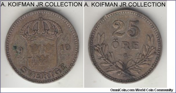 KM-785, 1910 Sweden 25 ore; silver, plain edge; Gustaf V, 1-st year of the type, large crown variety, toned good fine.