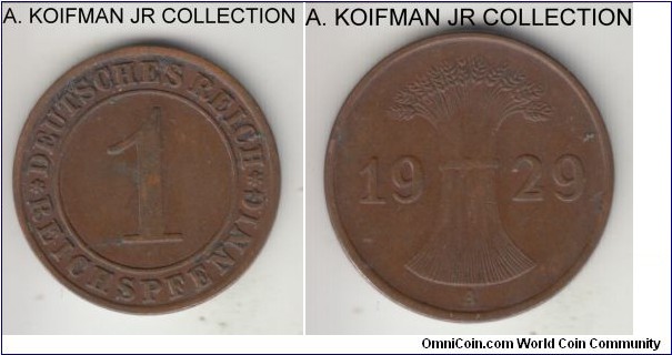 KM-37, 1929 Germany (Weimar Republic) reichspfennig, Berlin mint (A mint mark); bronze, plain edge; common coin, brown extra fine, a bit dirty.